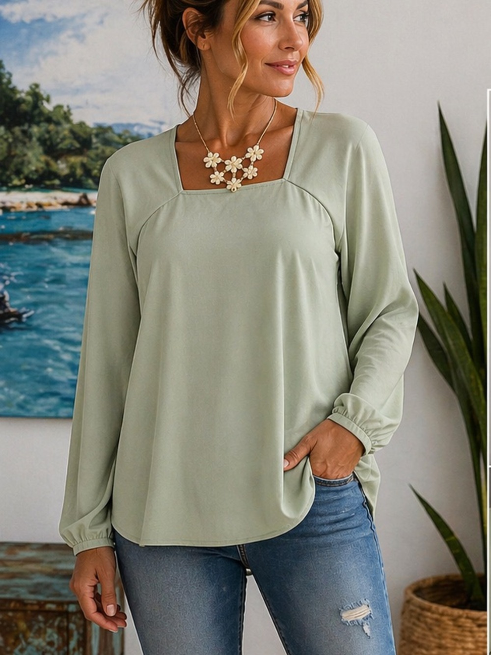 Prologue,Fabulous Sleeves, Celery Green Beauty, Square-Princess Neckline, EUC,XL